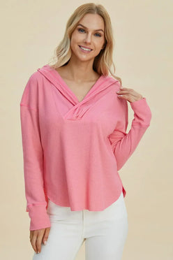 Double Take Full Size High-Low Dropped Shoulder Long Sleeve Hoodie - DAVERRI FASHIONS