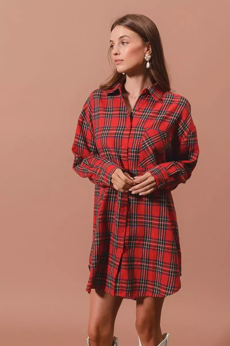 SO ME Christmas Checker Plaid Button Up Shirt Dress - DAVERRI FASHIONS