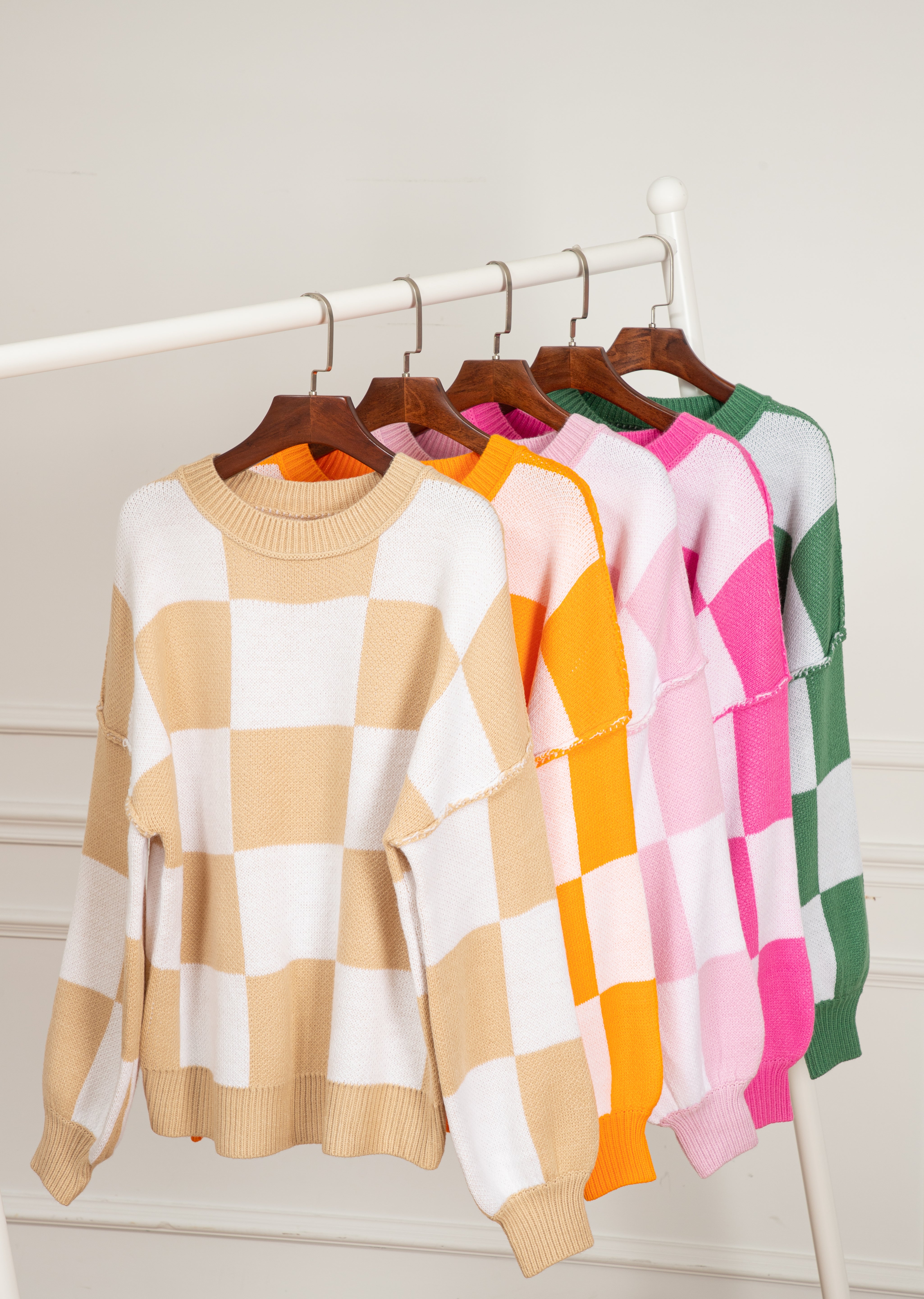 Checkered Bishop Sleeve Sweater | Sweaters Daverri Fashions