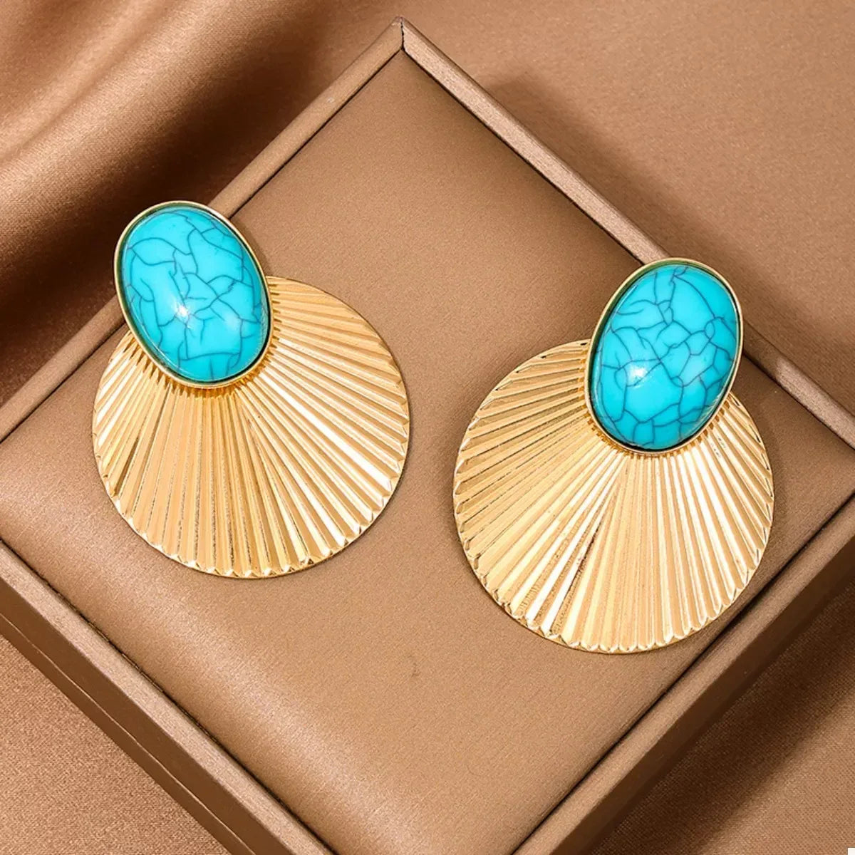 Turquoise Stone Fan Drop Earrings - DAVERRI FASHIONS