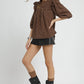 Umgee Bow Print Corduroy Puff Sleeve Blouse with Ruffled Blouses