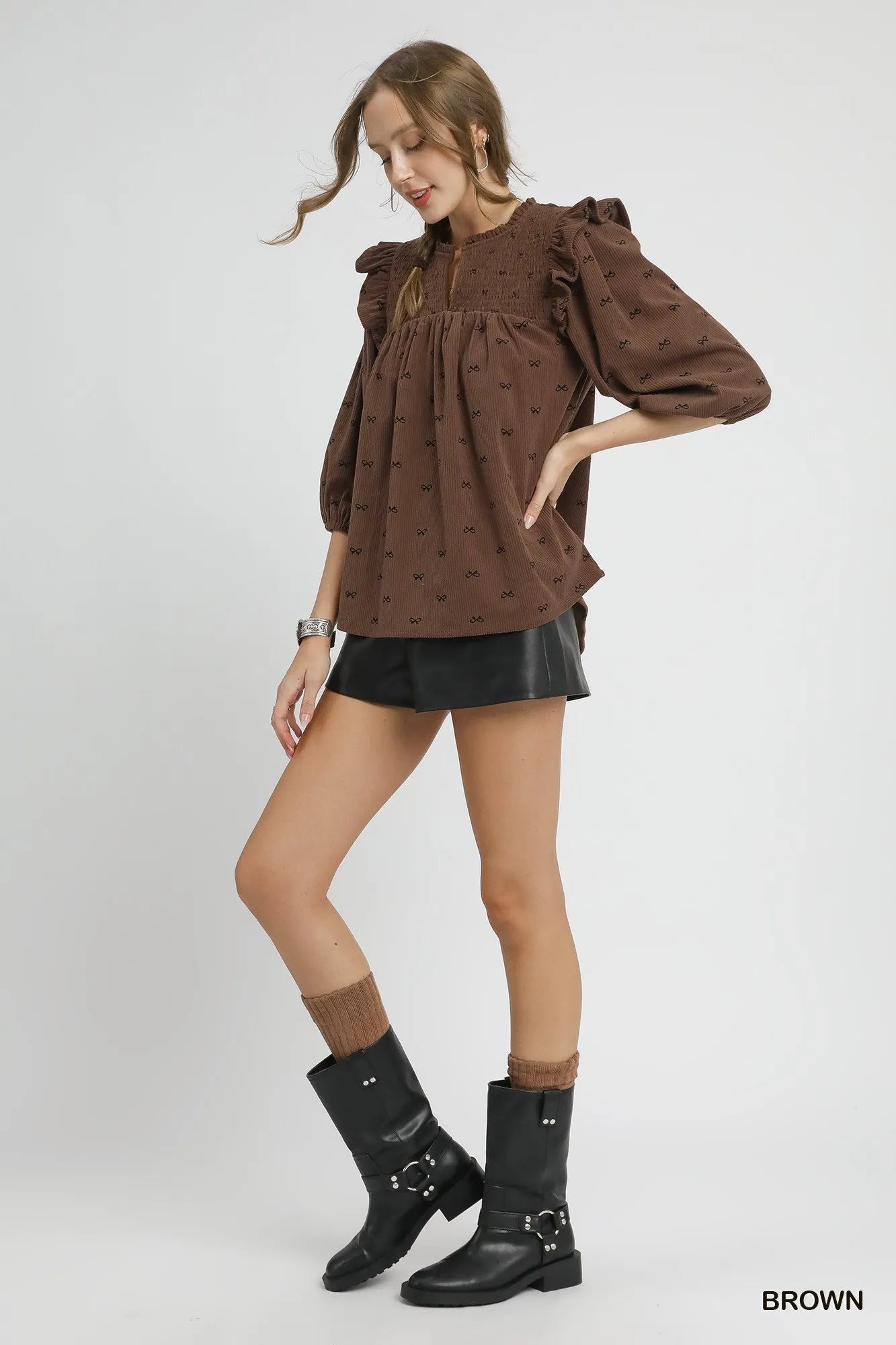 Umgee Bow Print Corduroy Puff Sleeve Blouse with Ruffled Blouses
