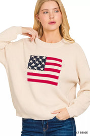 Zenana American Flag Crew Neck Sweater | Daverri Fashions
