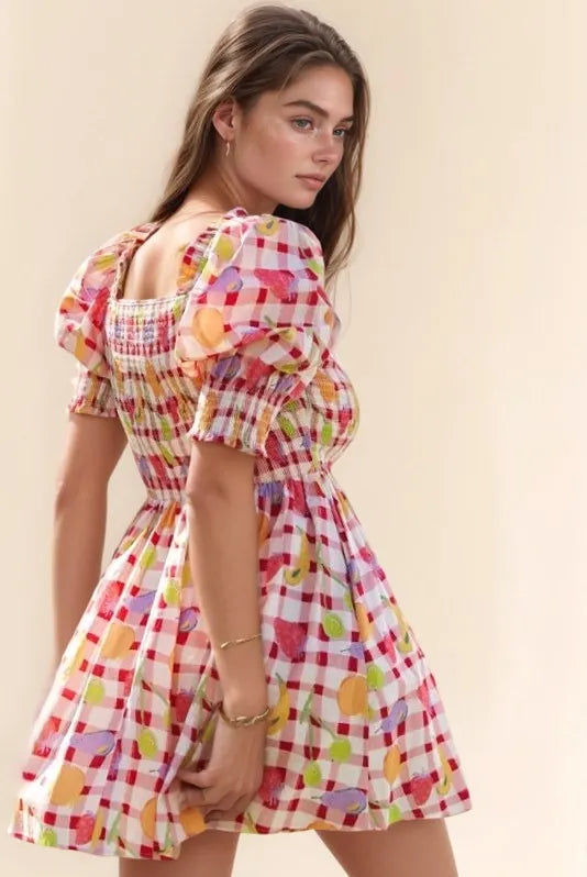 Davi & Dani Fruits Printed Smocking Mini Dress | Daverri Fashions