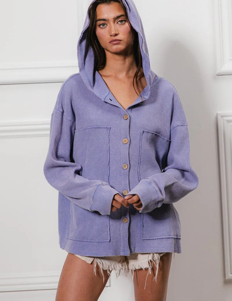 PERIWINKLE XL BiBi Washed Waffle Thermal Hooded Jacket | Daverri Fashions