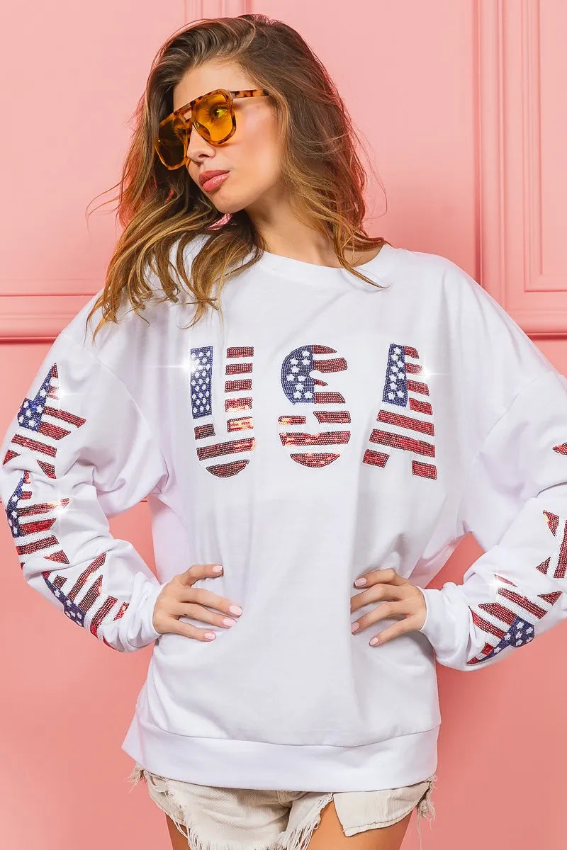 BiBi American Flag USA and Star Sequin Sweatshirt Sweatshirts