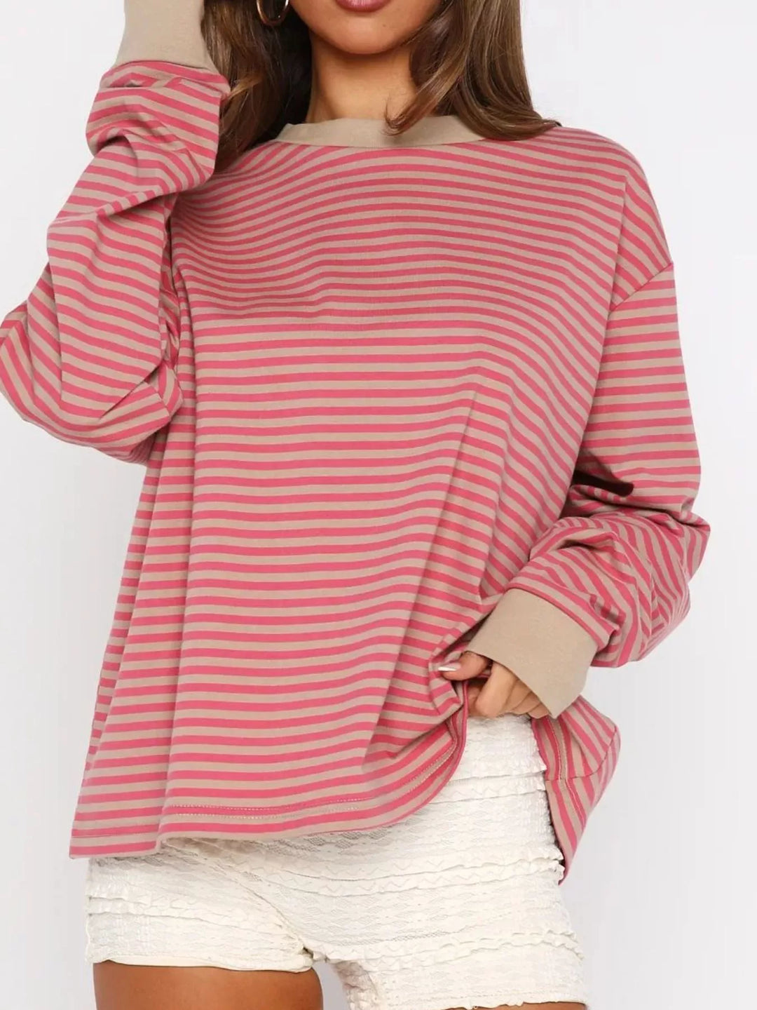 Coral Striped Oversized Round Neck Sweatshirt | Sweatshirts Daverri Fashions