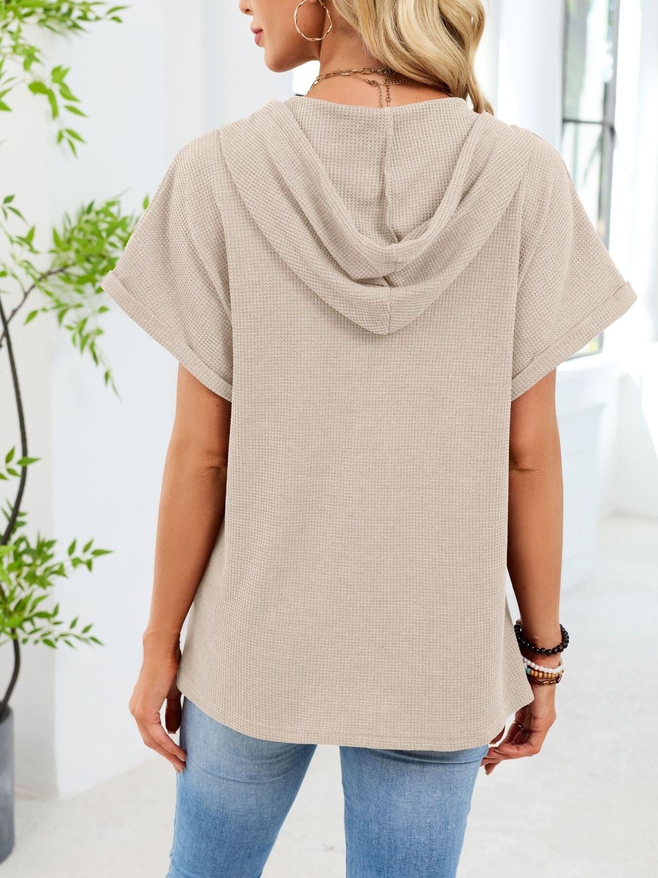 Daverri casual waffle knit button detail hooded top, beige short-sleeve relaxed fit