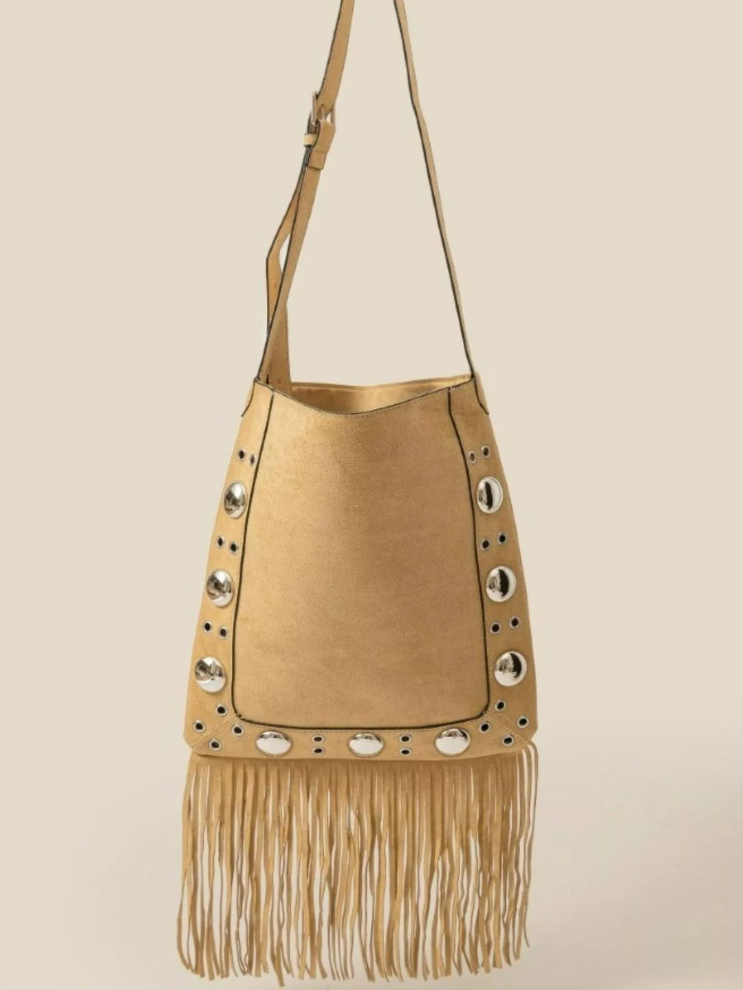 Faux Suede Grommet Accent Fringe Tote Bag Taupe | Daverri Fashions