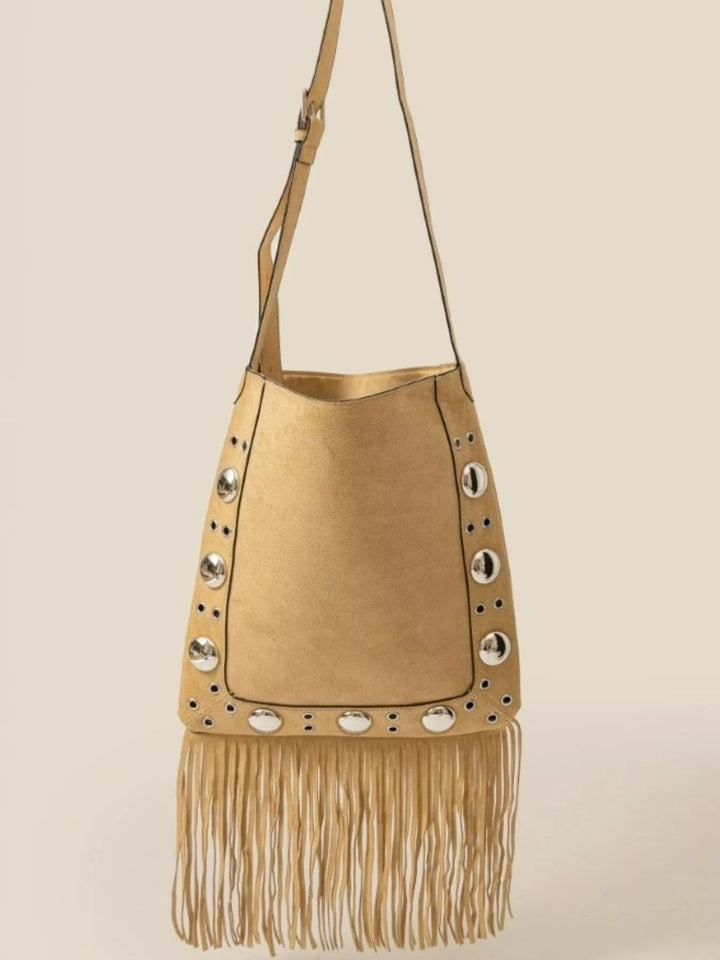 Faux Suede Grommet Accent Fringe Tote Bag Taupe | Daverri Fashions