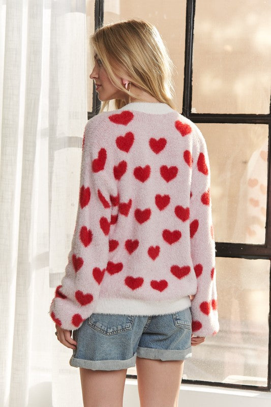 ADORA Fuzzy Heart Button Down Cardigan Tops