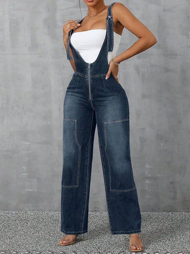 Zip Front Wide Strap Denim Overalls | Jumpsuits Daverri Fashions