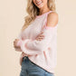 BiBi Popcorn Waffle Top: soft pink cold-shoulder sweater with waffle-knit and ribbed cuffs