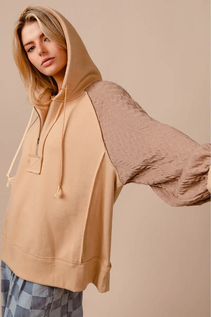 BiBi Half Zip French Terry Hoodie with Kint Sleeves | Daverri Fashions