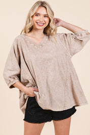 Mittoshop Mineral Wash V-Neck Raglan A-Line Relaxed Top Dust Storm