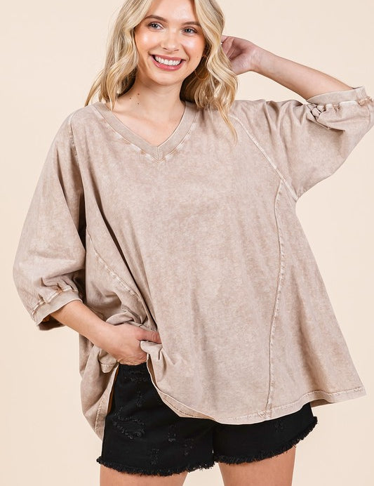 Mittoshop Mineral Wash V-Neck Raglan A-Line Relaxed Top Dust Storm