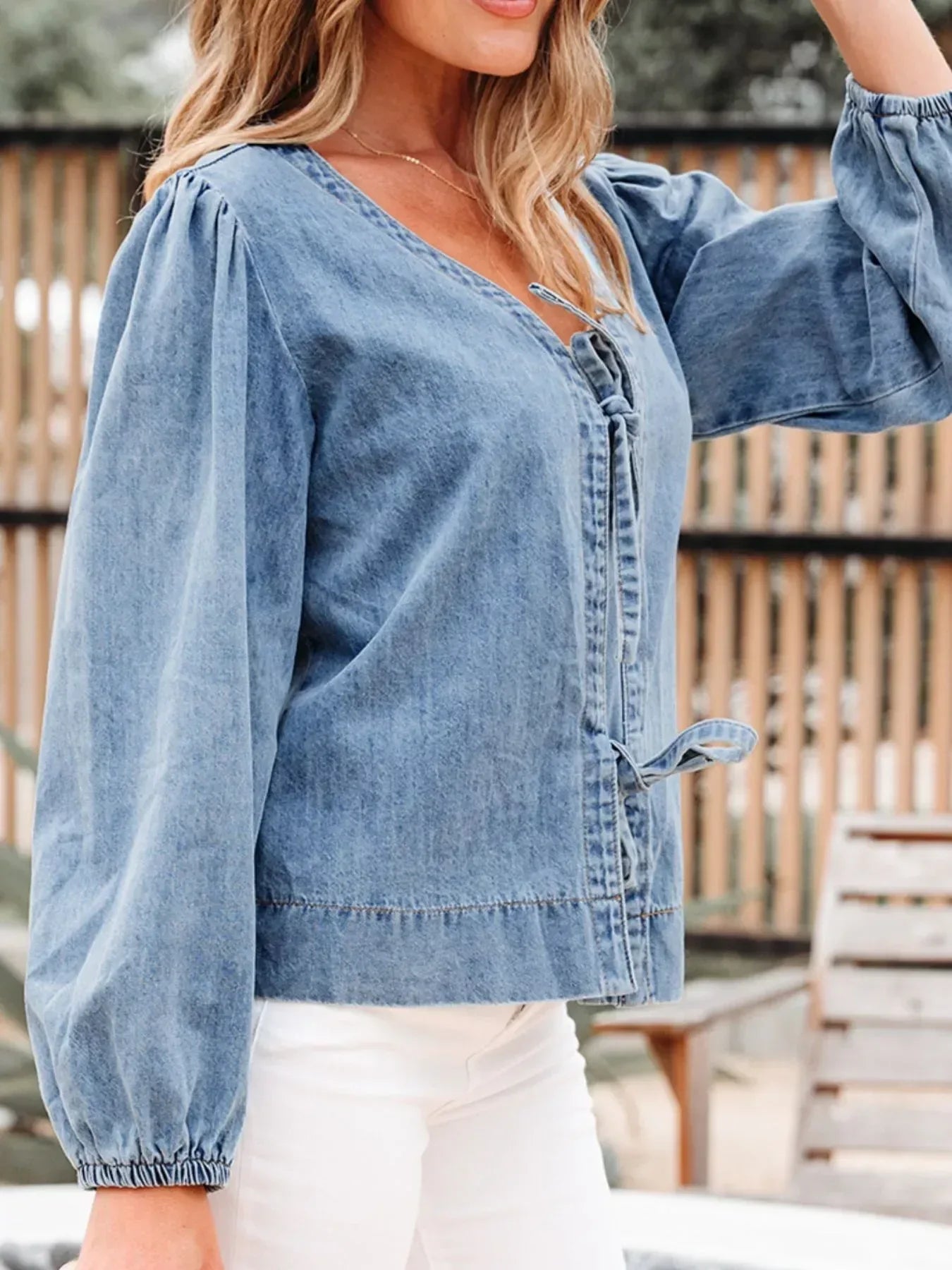 Tied Front Puff Sleeve Denim Top - DAVERRI FASHIONS