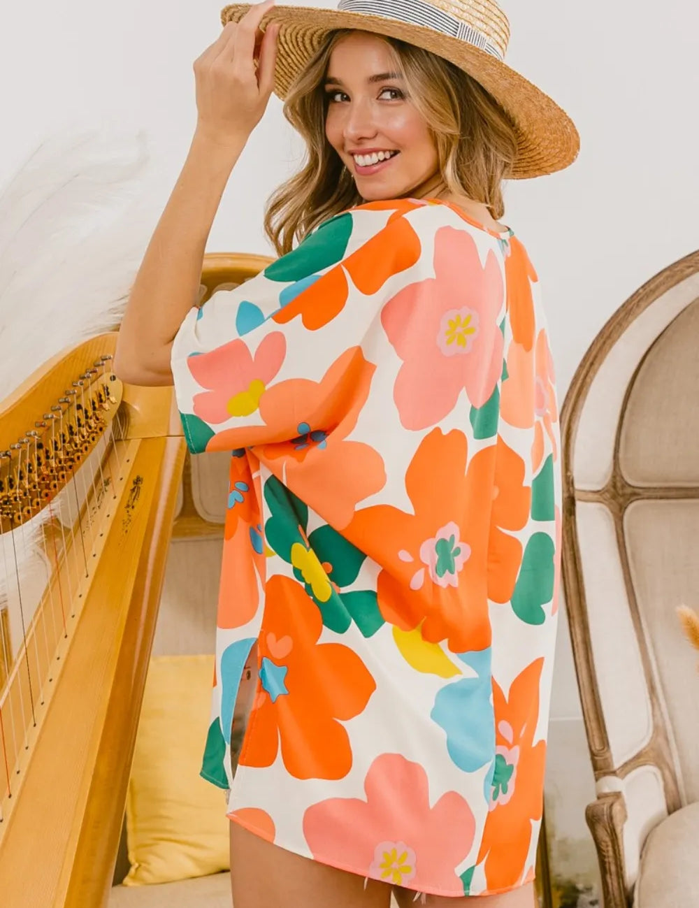 BiBi Floral V Neck Slit Side T-Shirt | T Shirts Daverri Fashions