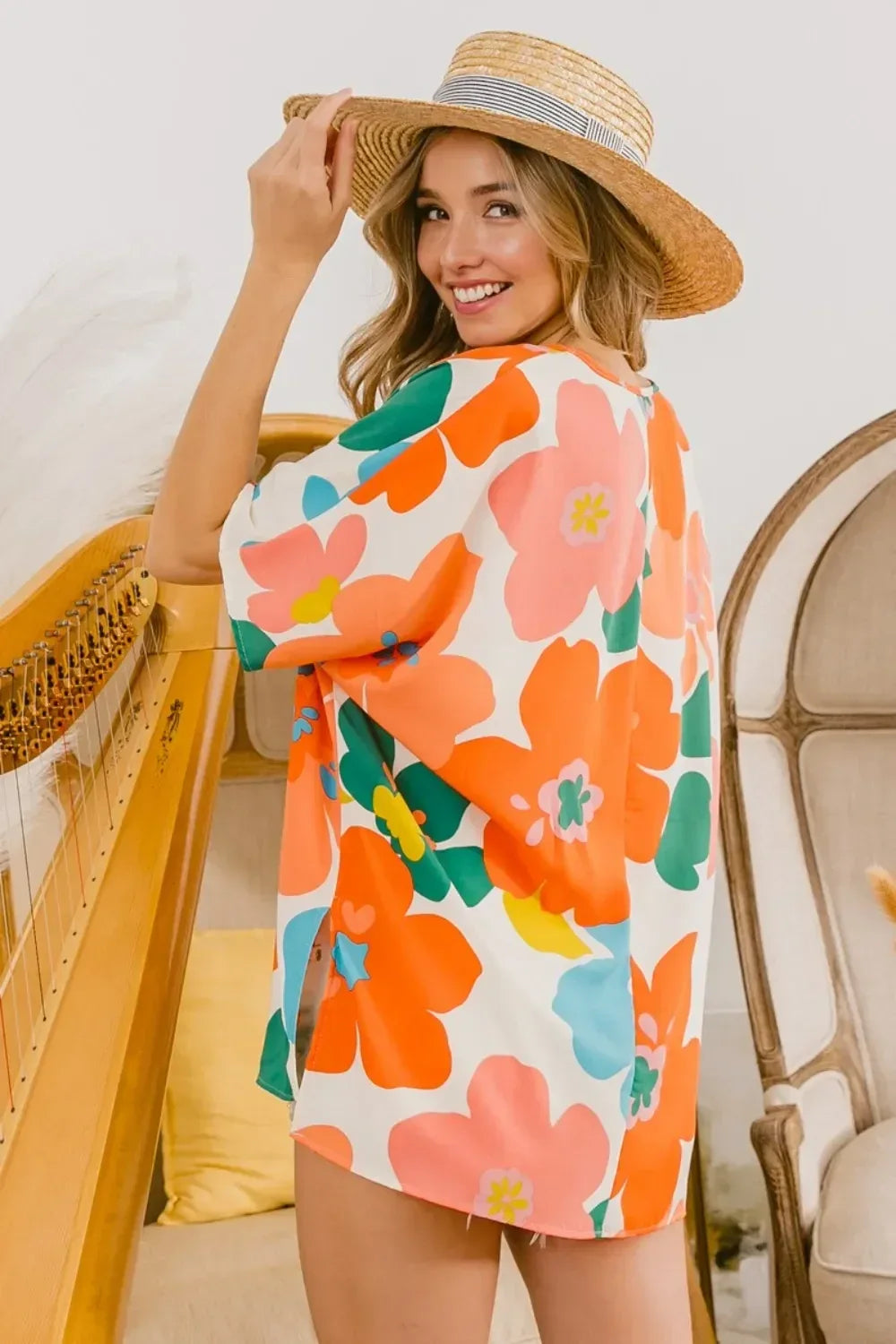 BiBi Floral V Neck Slit Side T-Shirt - DAVERRI FASHIONS