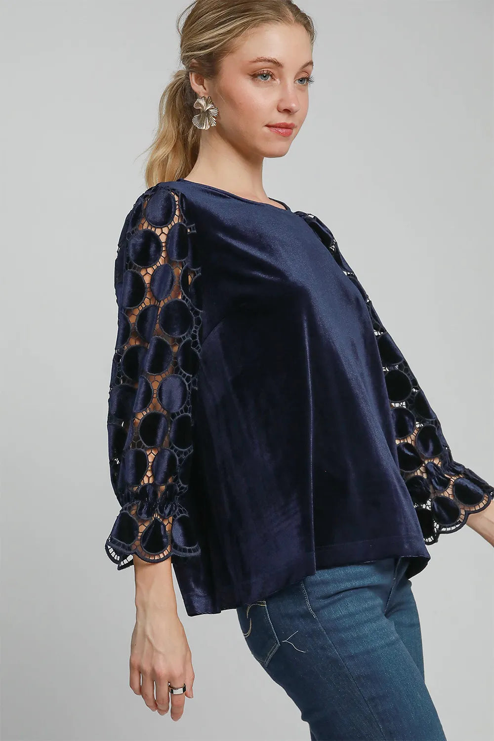 Umgee Polka Dot Lace Long Sleeve Round Neck Blouse | Blouses Daverri Fashions