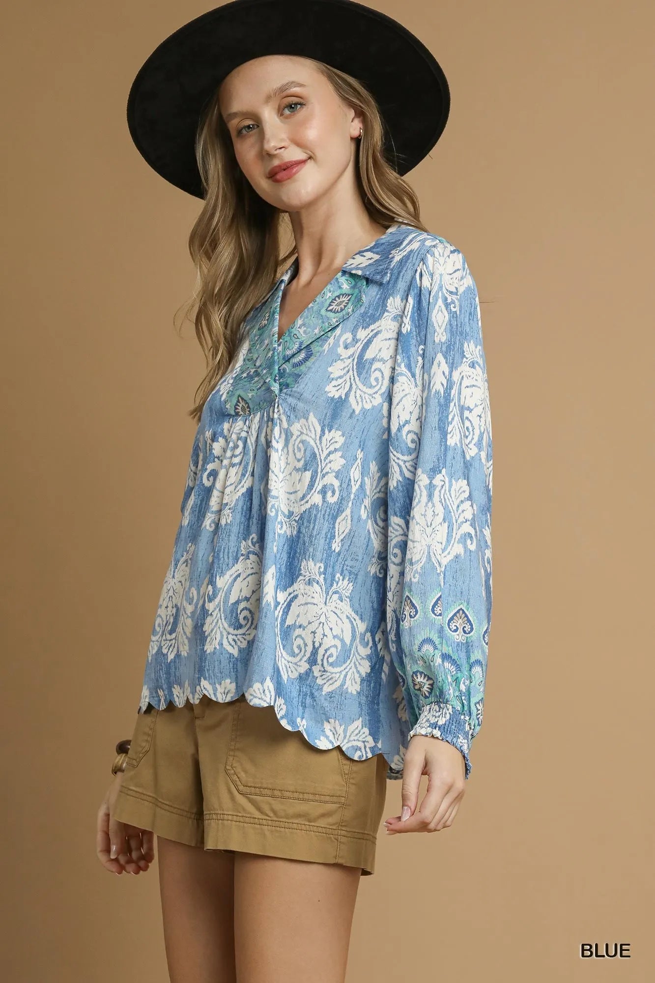 Umgee Printed Long Sleeve Blouse Blouses