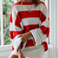Red and white ribbed knit striped plus size round neck sweater by Daverri Fashions