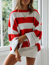 Red and white ribbed knit striped plus size round neck sweater by Daverri Fashions
