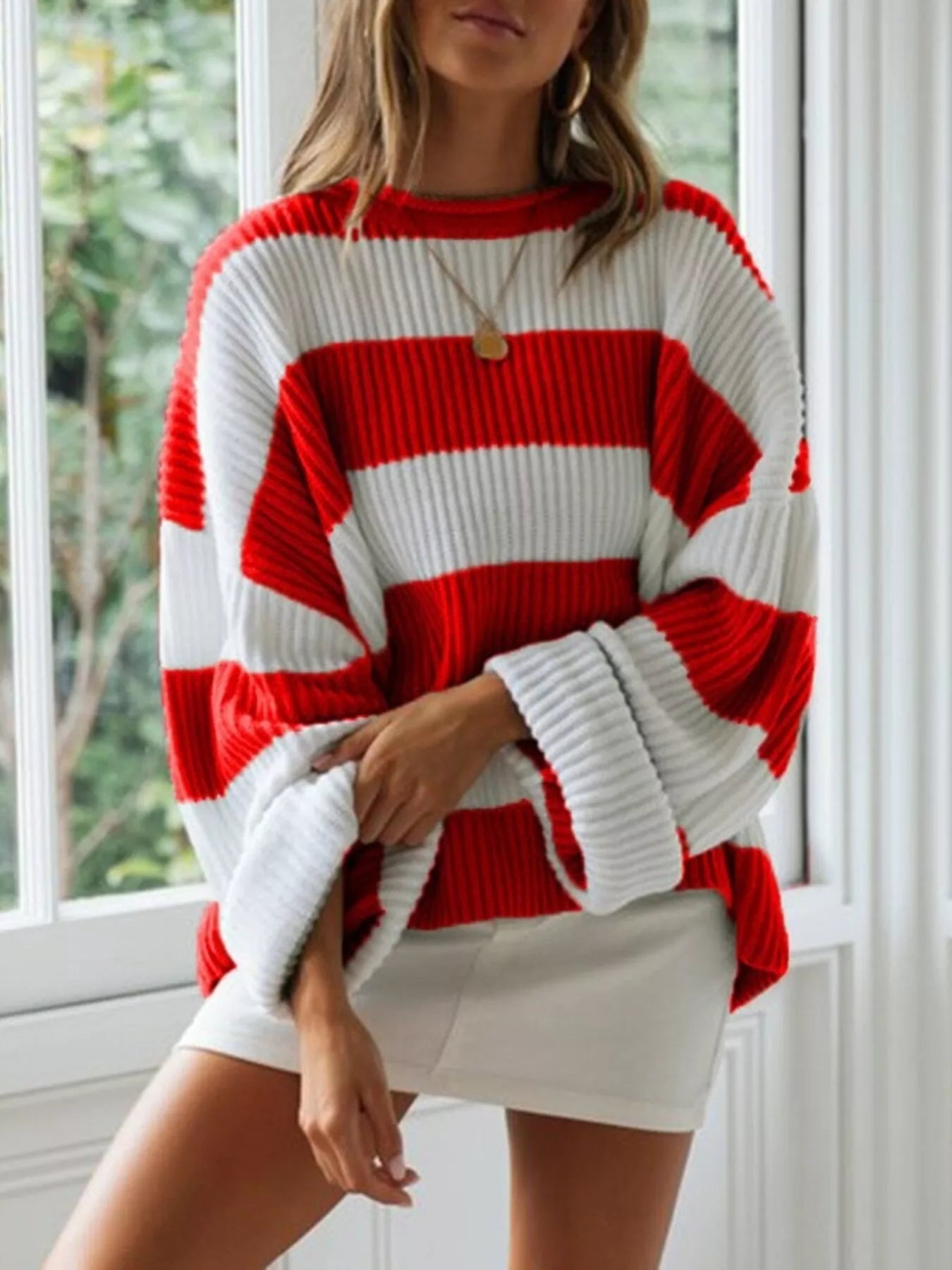 Red and white ribbed knit striped plus size round neck sweater by Daverri Fashions