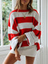 Red and white ribbed knit striped plus size round neck sweater by Daverri Fashions