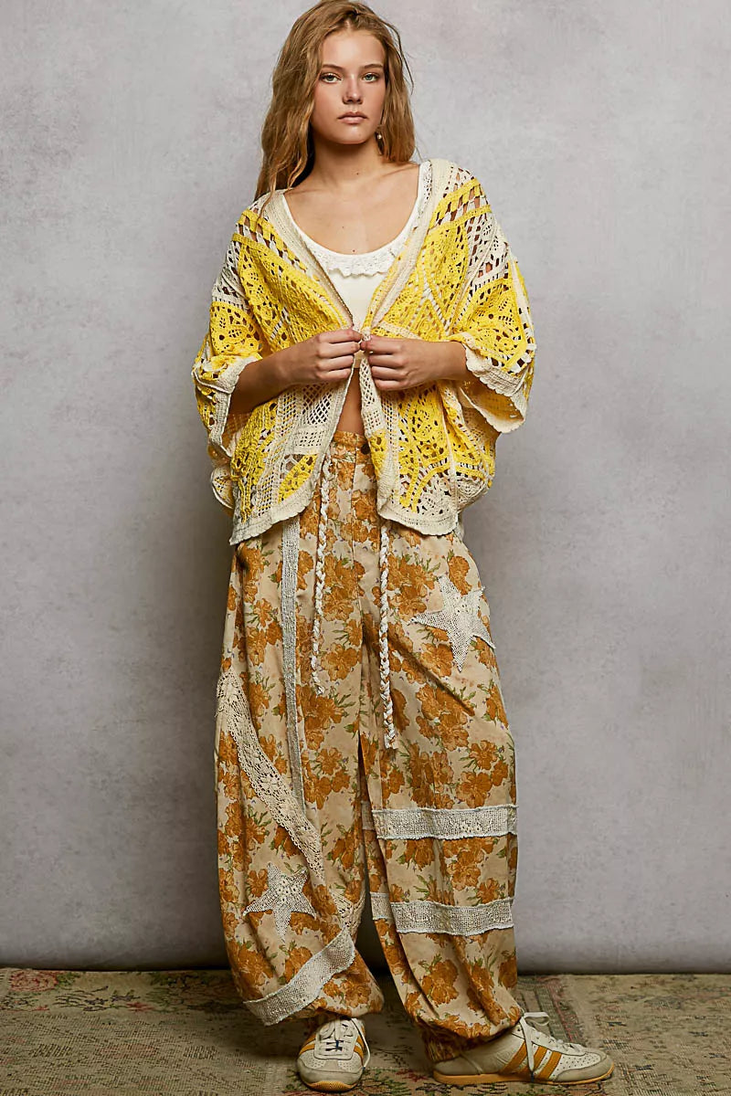 Yellow POL open front crochet cardigan with lace patterns and scalloped edges
