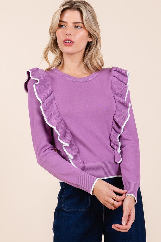 Mittoshop Contrast Trim Ruffled Round Neck Knit Top Tops