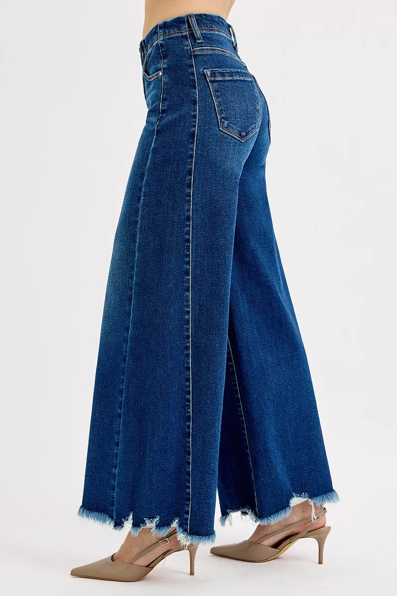 RISEN high-rise ankle wide jeans plus size, back view, deep blue frayed hems