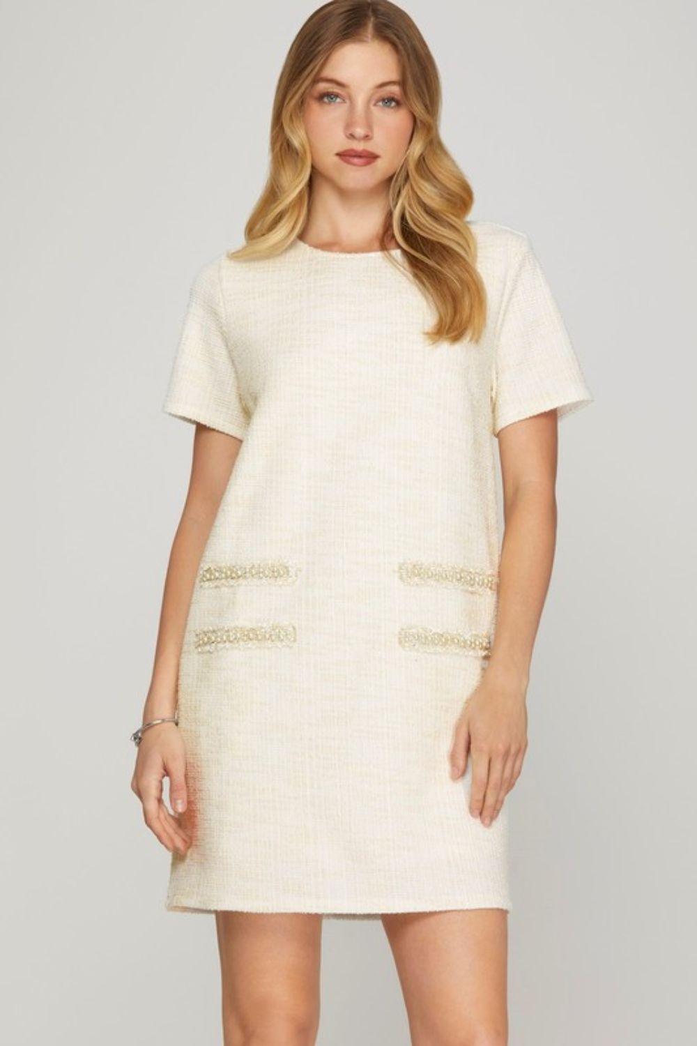 She + Sky Full Size Short Sleeve Pearl Studded Trim Knit Tweed Dress Plus Size Ivory S Mini Dresses