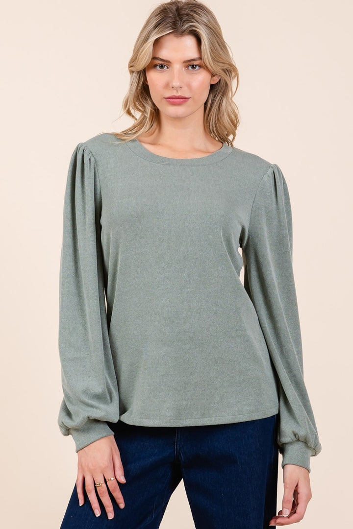 Mittoshop Round Neck Long Sleeve Rib Knit Top Sage