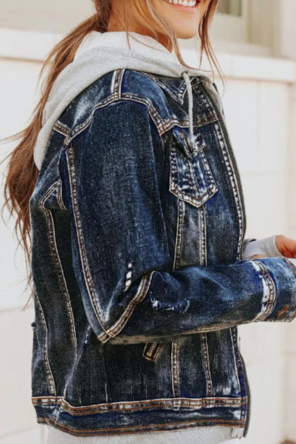 Faux Two-Piece Hooded Zip-Up Denim Jacket | Denim Jackets Daverri Fashions