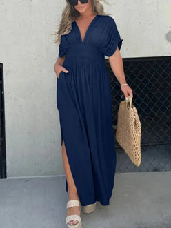 Navy blue Daverri full-size deep V-neck maxi dress with side slit and flutter sleeves
