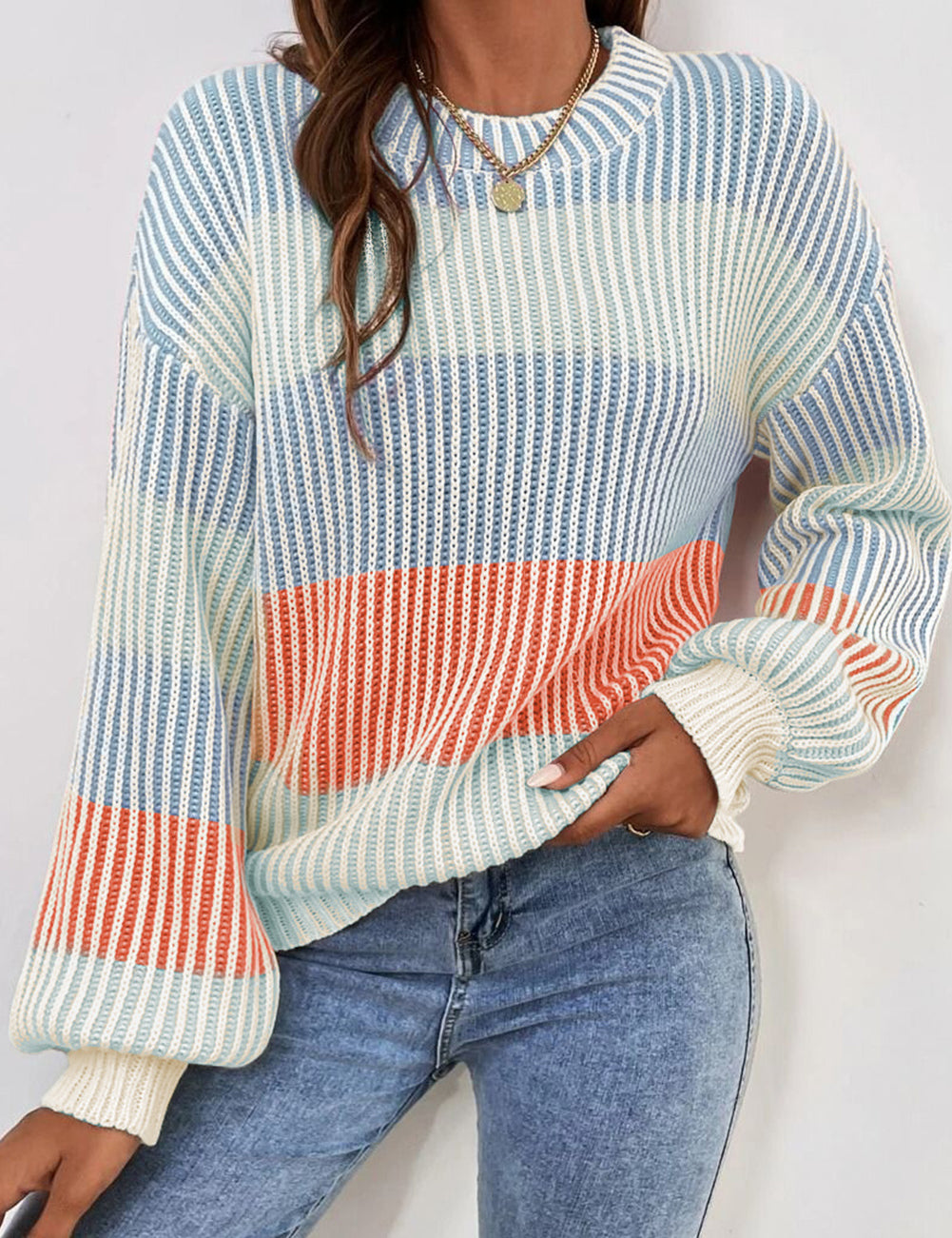 Multicolour 60%Cotton+40%Acrylic Colorblock Textured Knit Bubble Sleeve Sweater | Sweaters Daverri Fashions
