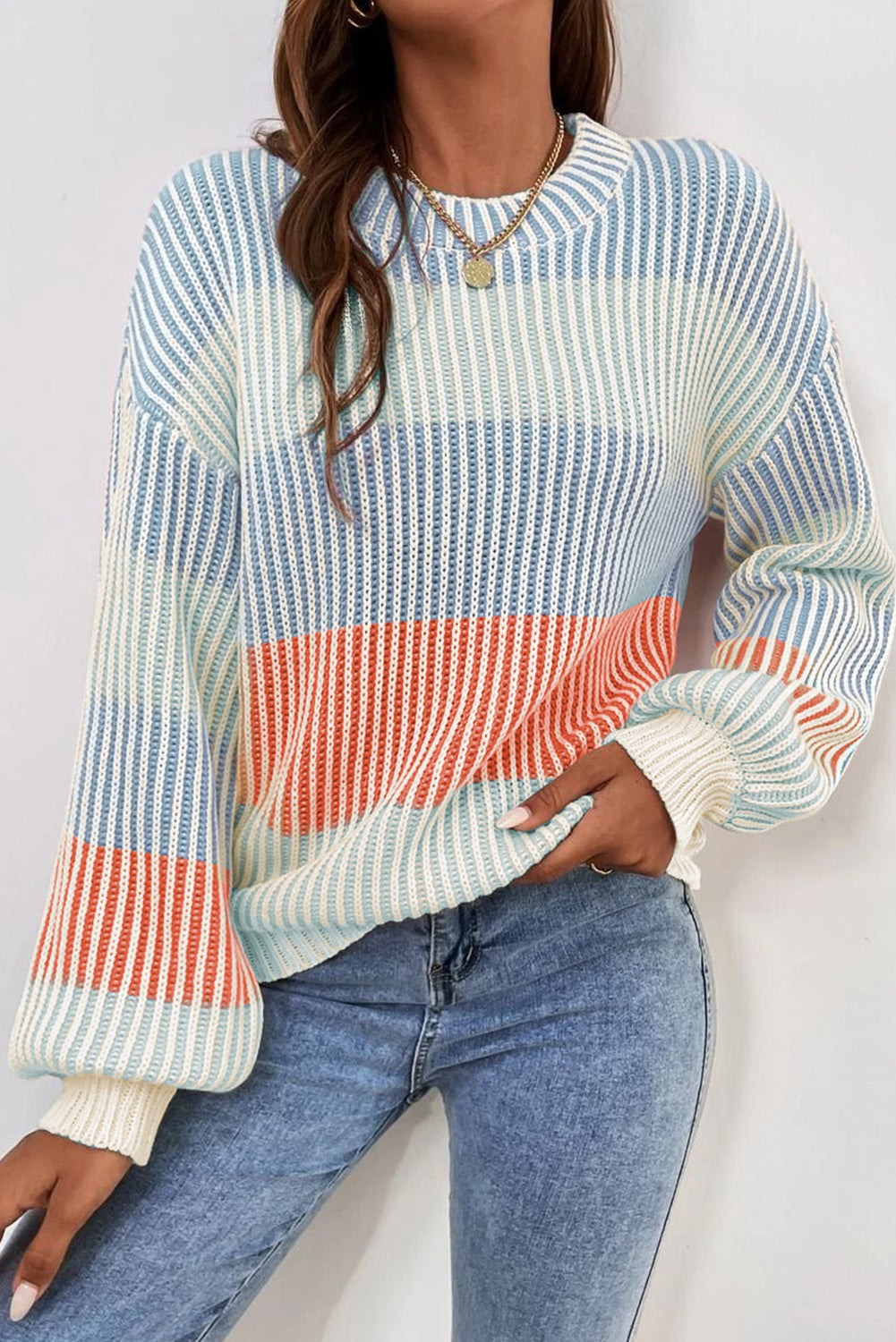 Multicolour 60%Cotton+40%Acrylic Colorblock Textured Knit Bubble Sleeve Sweater | Sweaters Daverri Fashions