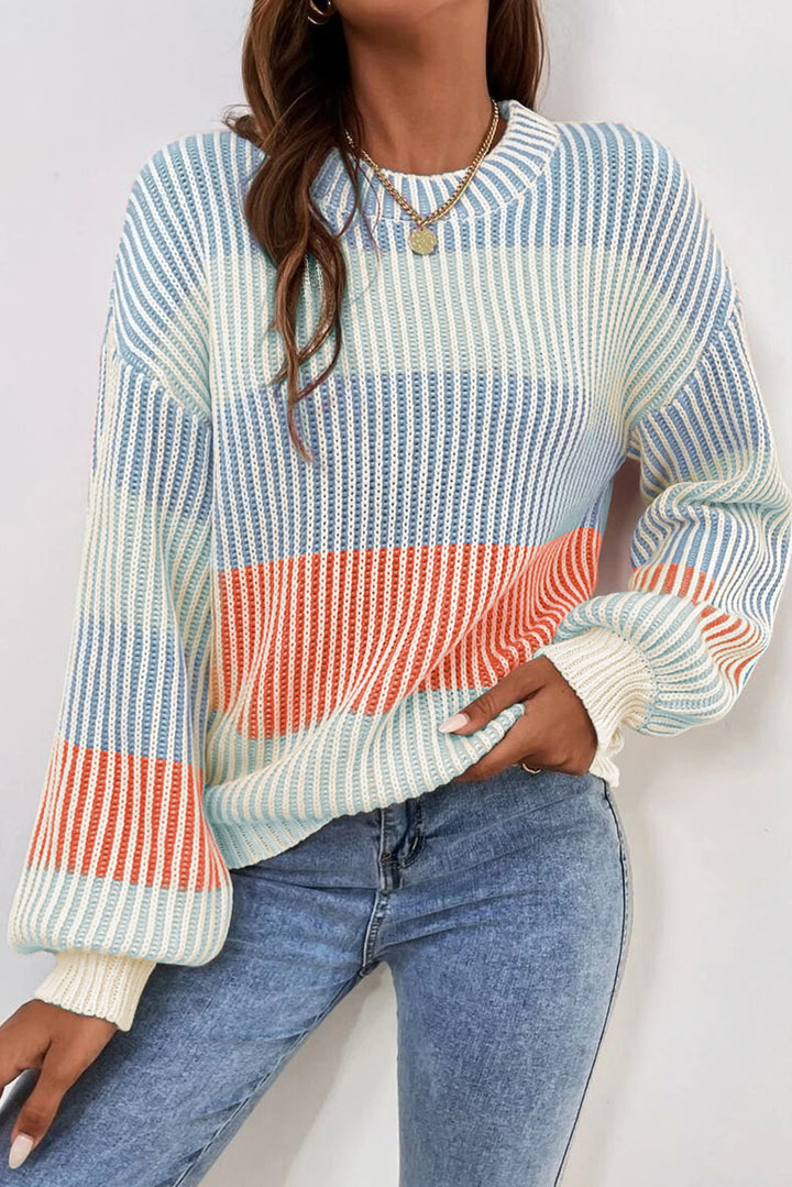 Multicolour 60%Cotton+40%Acrylic Colorblock Textured Knit Bubble Sleeve Sweater | Sweaters Daverri Fashions