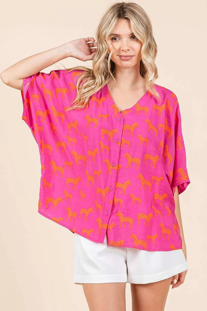 Mittoshop Zebra Print V-Neck Button Down Dolman Sleeve Top Tops