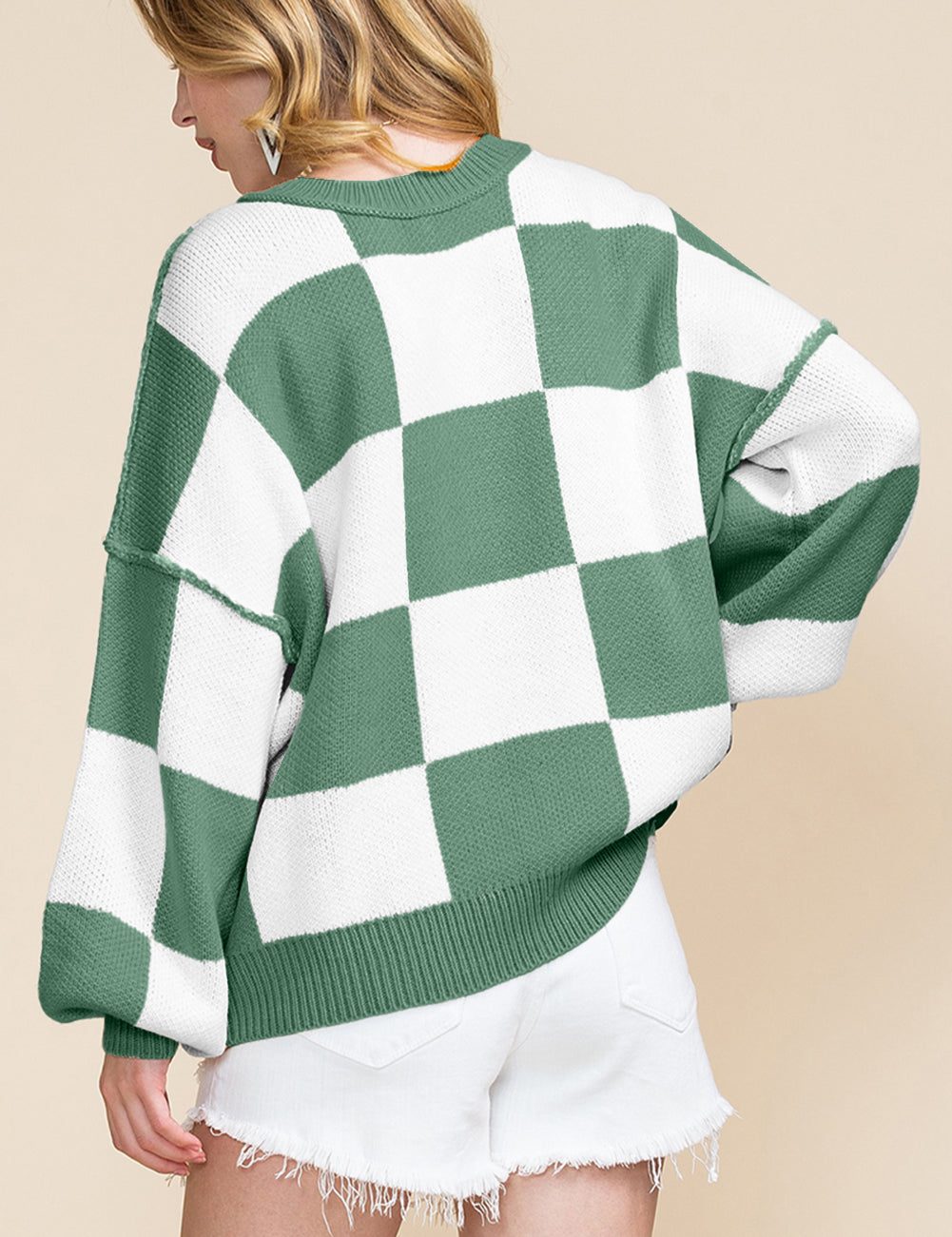 Checkered Bishop Sleeve Sweater | Sweaters Daverri Fashions