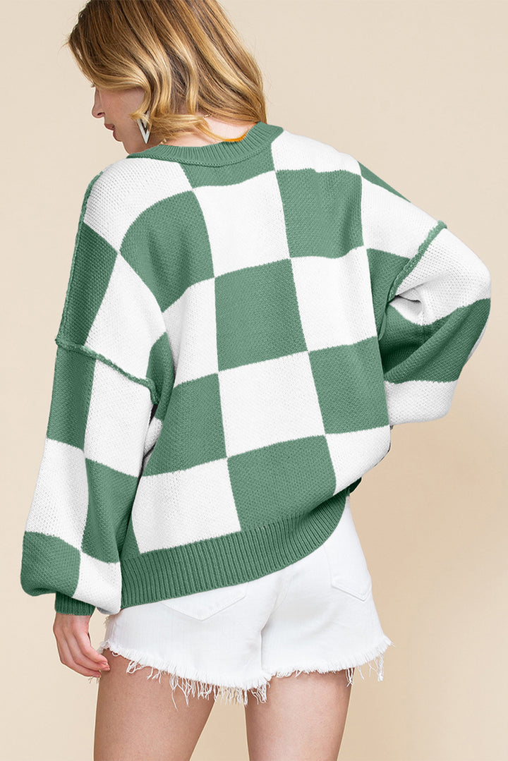 Checkered Bishop Sleeve Sweater | Sweaters Daverri Fashions