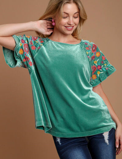 Umgee Velvet Embroidery Short Sleeve Blouse Turquoise