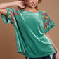 Umgee Velvet Embroidery Short Sleeve Blouse Turquoise Blouses
