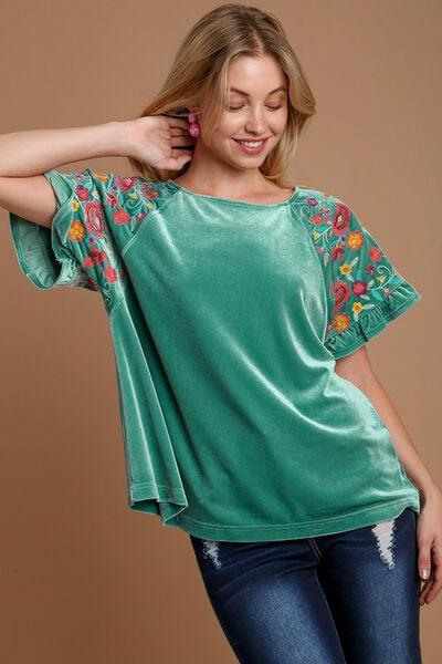 Umgee Velvet Embroidery Short Sleeve Blouse Turquoise Blouses