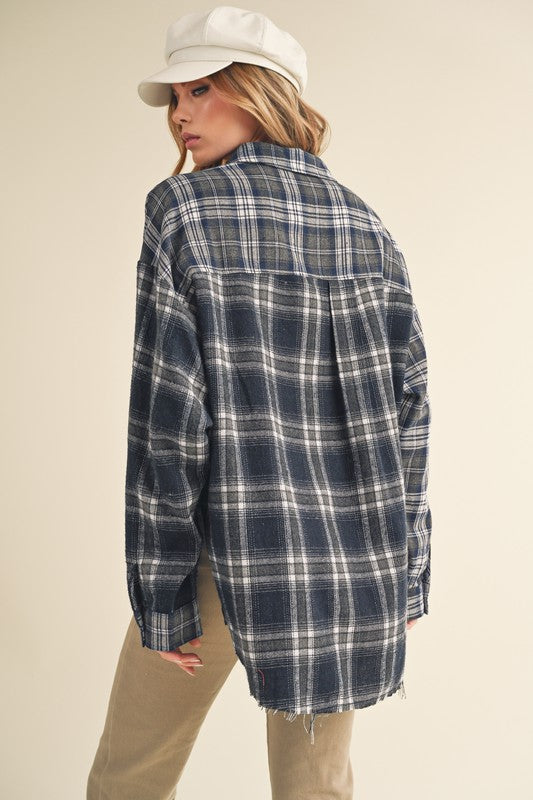 Aemi + Co Frayed Hem Plaid Button Up Flannel Shirt Shirts