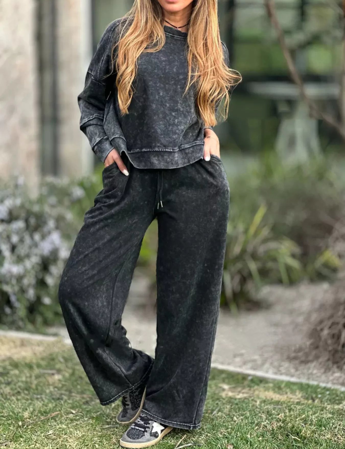 Black Full Size Round Neck Long Sleeve Top and Pants Set Plus Size | Loungewear Sets Daverri Fashions