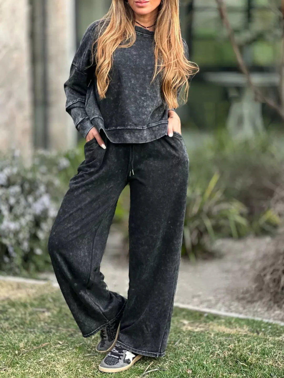 Black Full Size Round Neck Long Sleeve Top and Pants Set Plus Size | Loungewear Sets Daverri Fashions