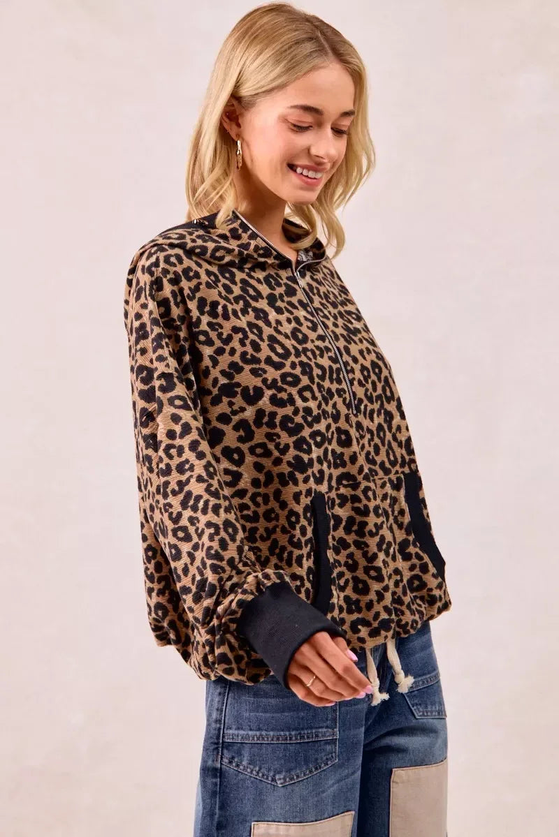 BiBi Leopard Print Waffle Half Zip Up Hoodie W Pocket - DAVERRI FASHIONS