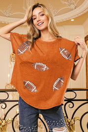 VINTAGE ORANGE BiBi Football Sequin Embroidery Vintage Washed Top | Tops Daverri Fashions